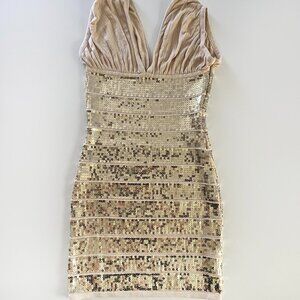 Arden B. Gold sequin beige stretchy knit bodycon dress SM